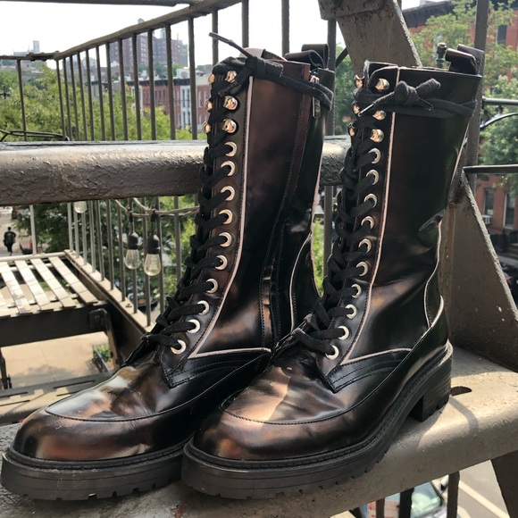 NWOT NWOB Havva Mustafa Metallic Oiled Bronze Black Lace Up Combat Boots - Picture 8 of 16